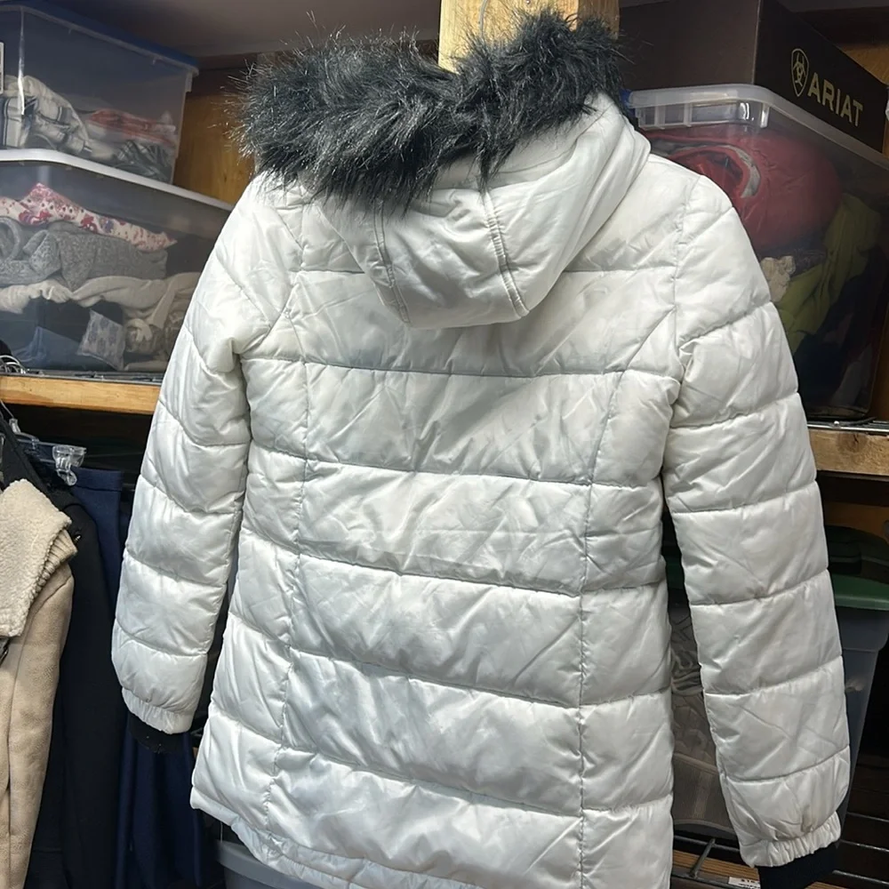 Justice White Puffy coat white with black‎ trim girls size 14/16